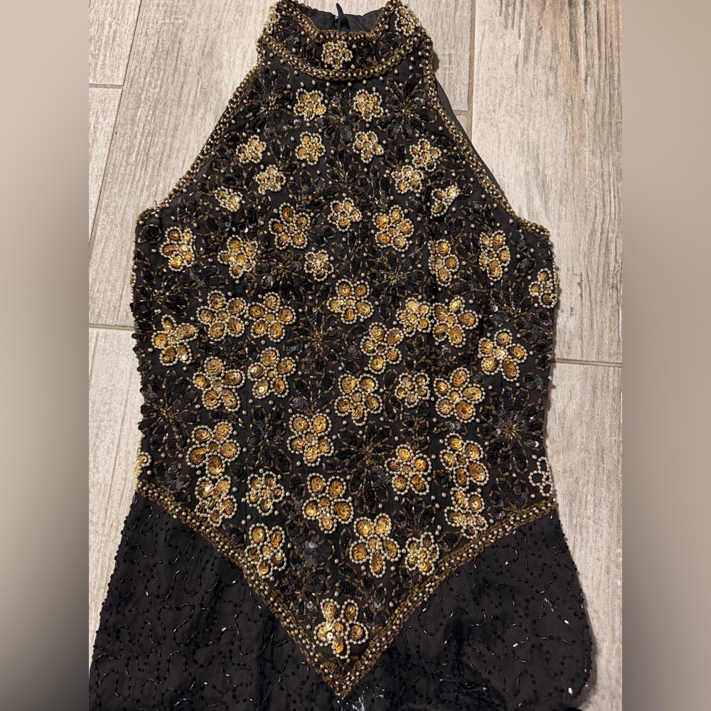 Laurence Kazar Black and Gold Beaded Dress